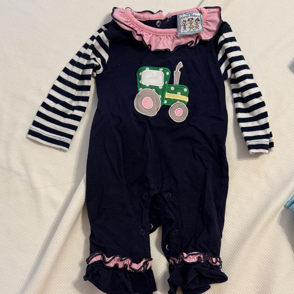 Striped Baby Romper with Navy and Pink Ruffle Accents Three Sisters
